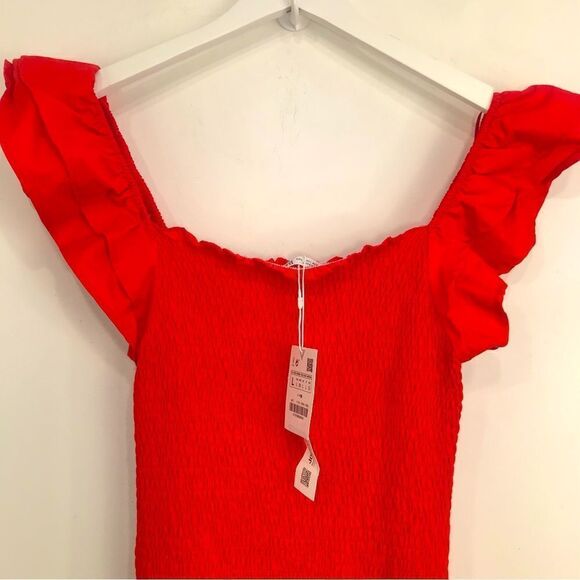 Zara Red Smocked Bodice Drop Waist Tiered Ruffle Form Fitted Mini Dress NEW - Picture 7 of 16